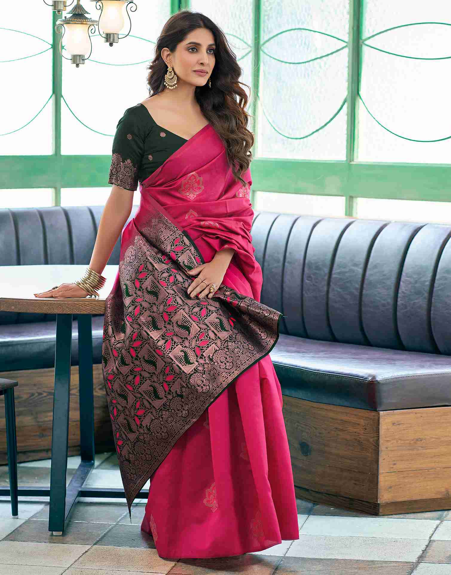 Graceful Pink Silk Saree with Black Zari Border & Floral Weaving