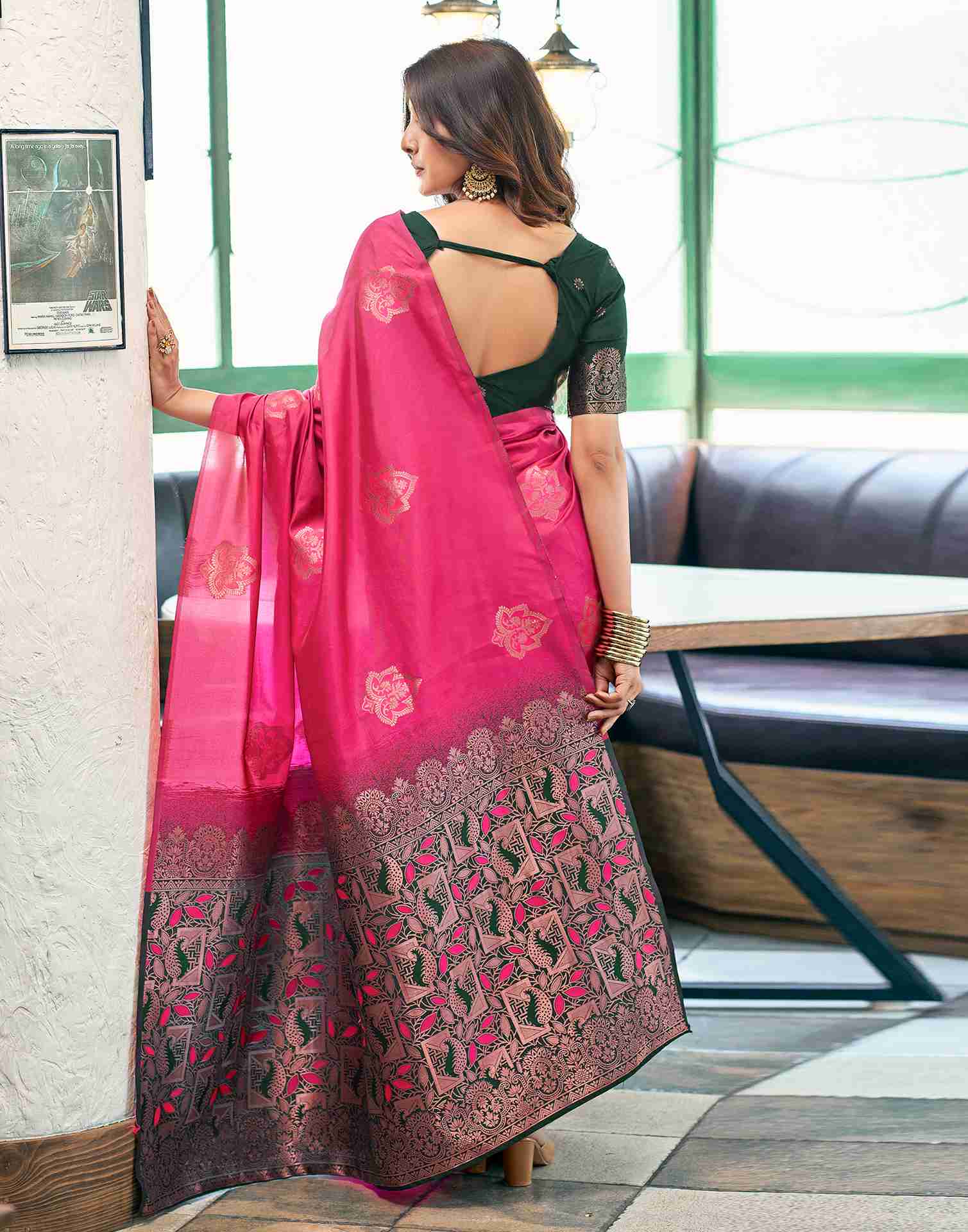 Graceful Pink Silk Saree with Black Zari Border & Floral Weaving