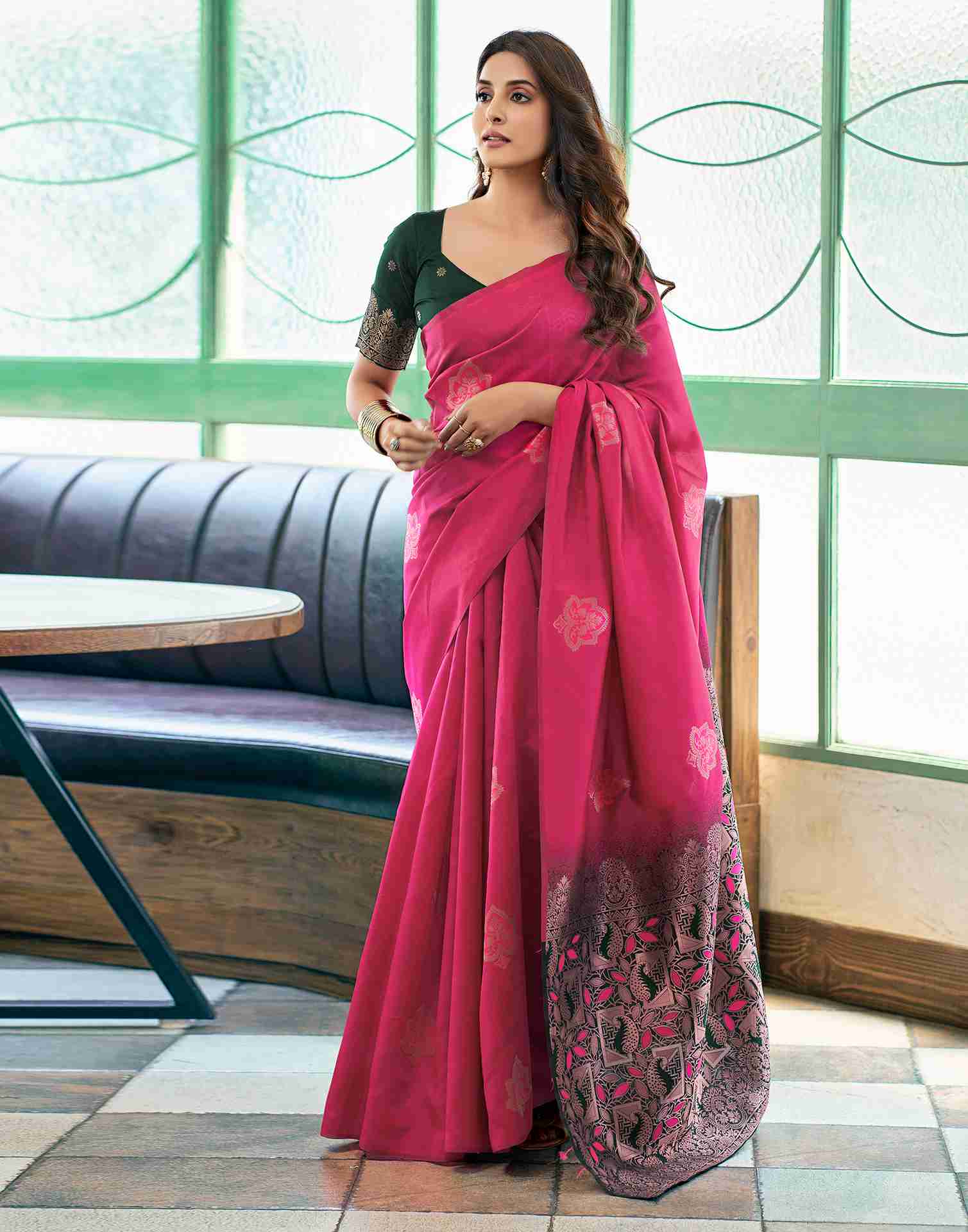 Graceful Pink Silk Saree with Black Zari Border & Floral Weaving