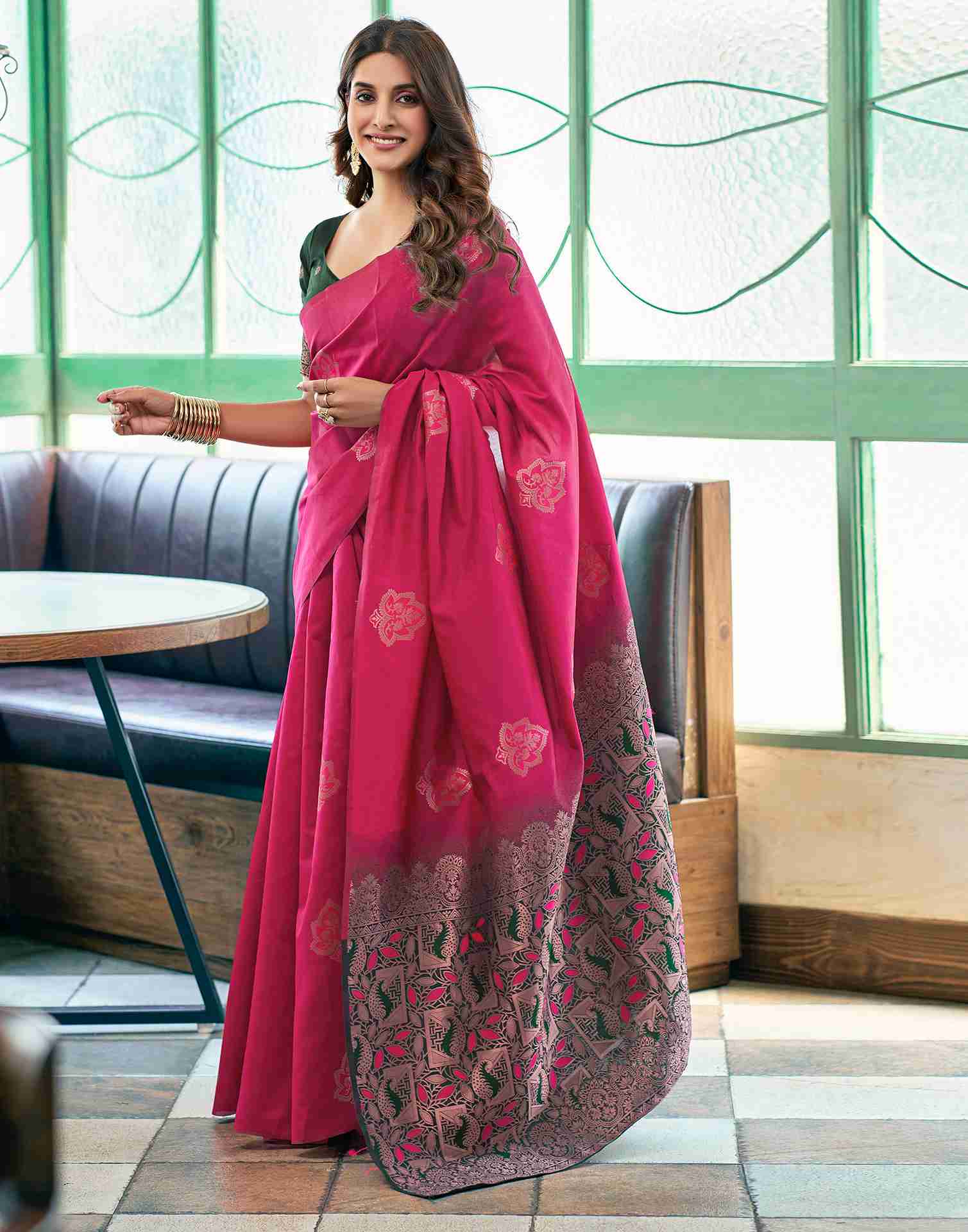 Graceful Pink Silk Saree with Black Zari Border & Floral Weaving