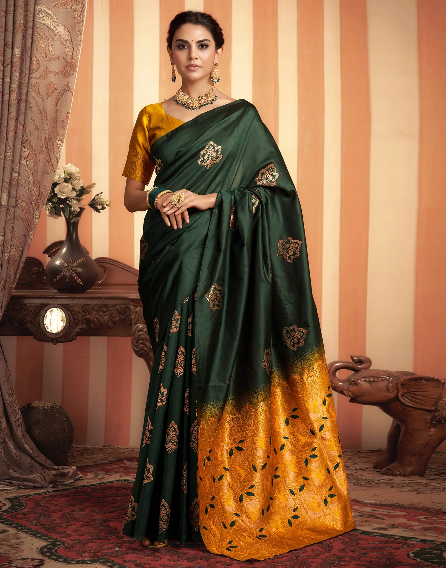 Royal Green & Mustard Silk Saree with Golden Zari Floral Weaving
