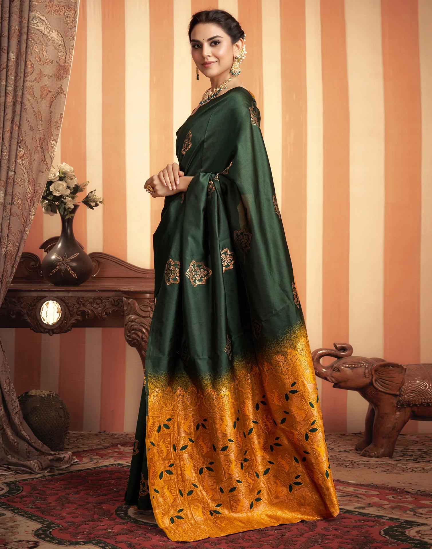 Royal Green & Mustard Silk Saree with Golden Zari Floral Weaving
