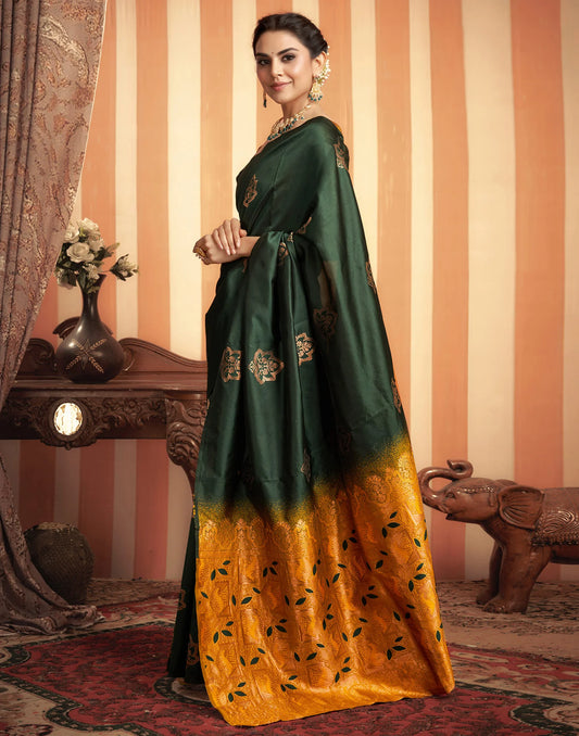 Royal Green & Mustard Silk Saree with Golden Zari Floral Weaving