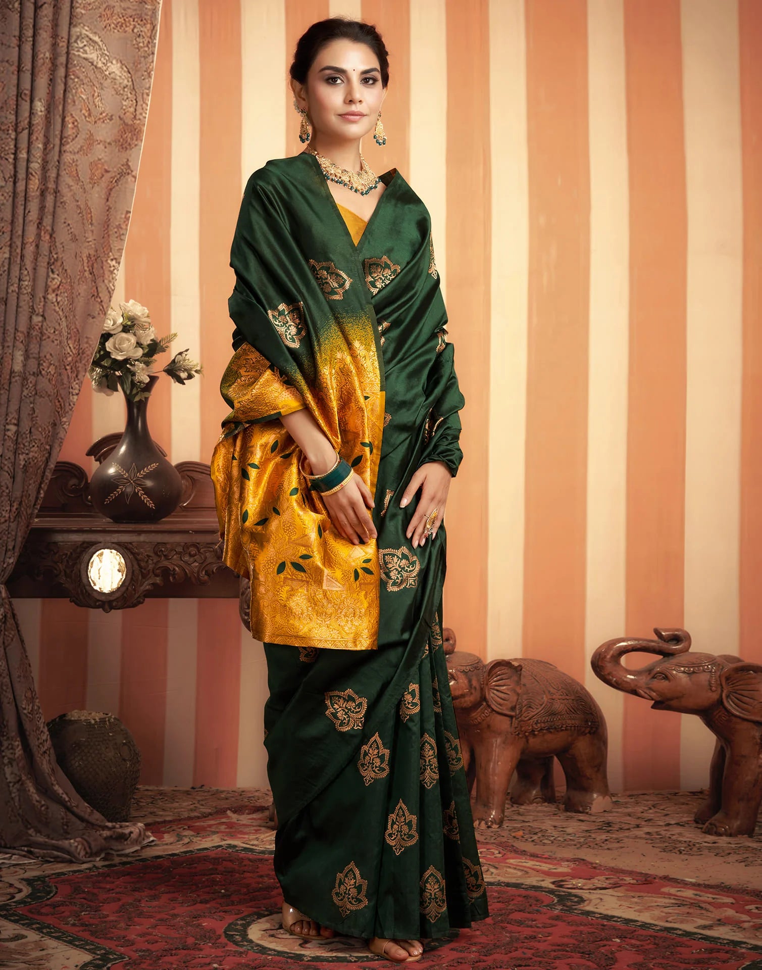 Royal Green & Mustard Silk Saree with Golden Zari Floral Weaving