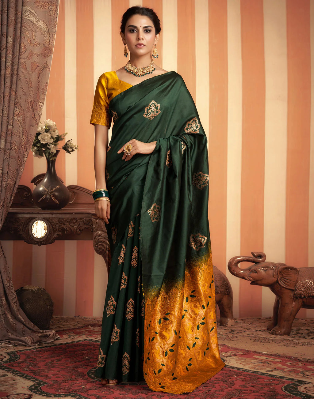 Royal Green & Mustard Silk Saree with Golden Zari Floral Weaving