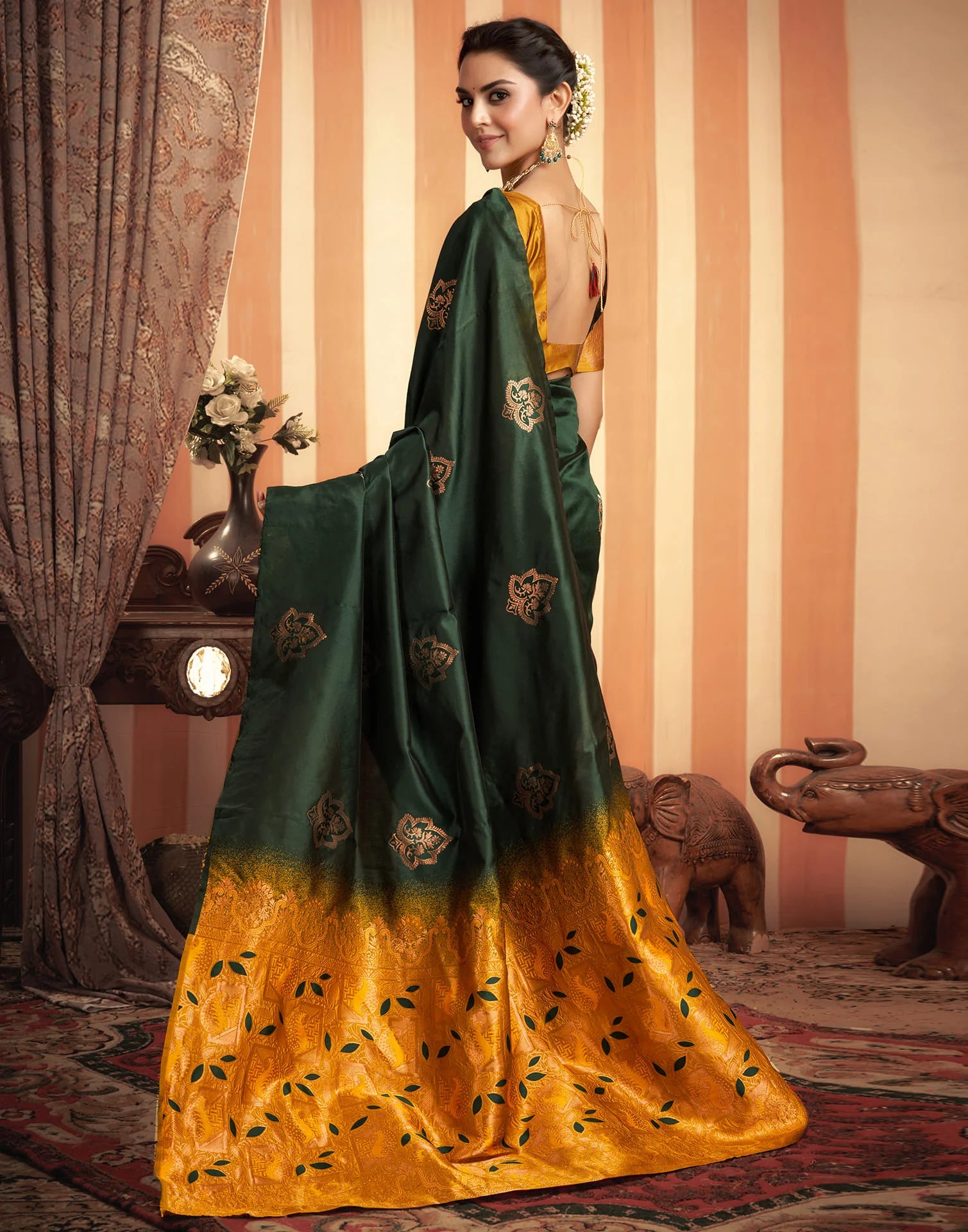 Royal Green & Mustard Silk Saree with Golden Zari Floral Weaving
