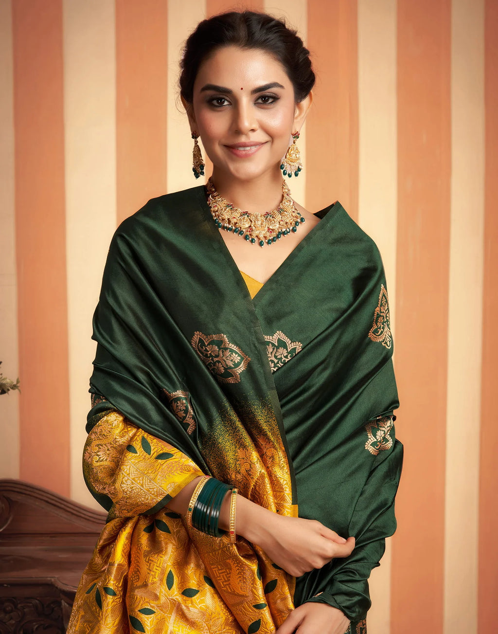 Royal Green & Mustard Silk Saree with Golden Zari Floral Weaving