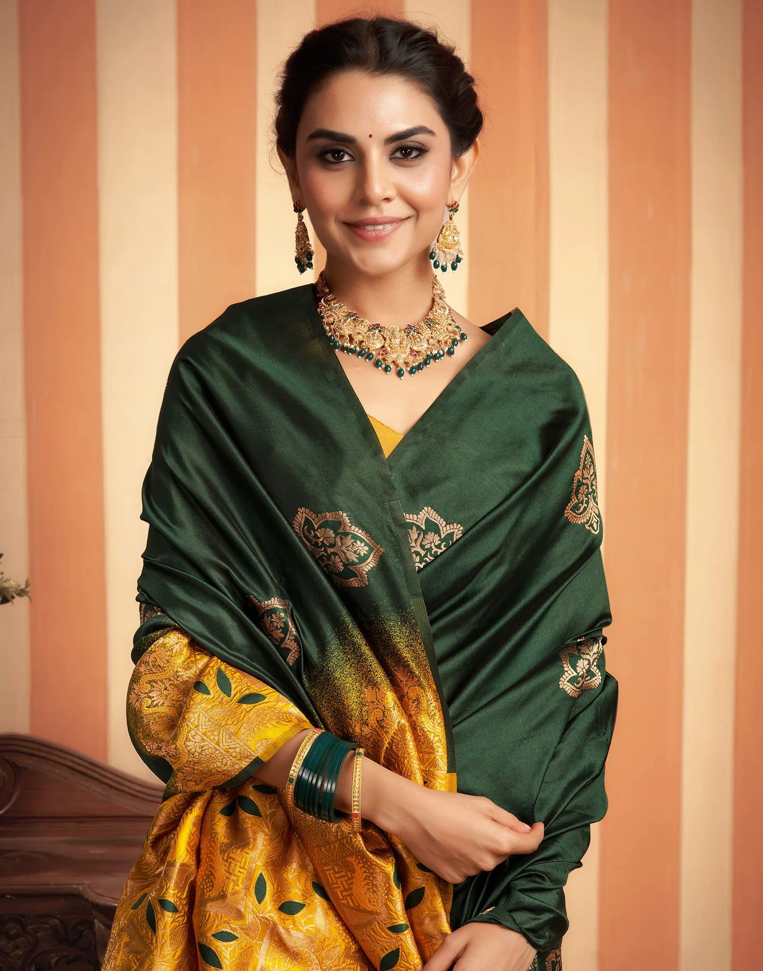 Royal Green & Mustard Silk Saree with Golden Zari Floral Weaving