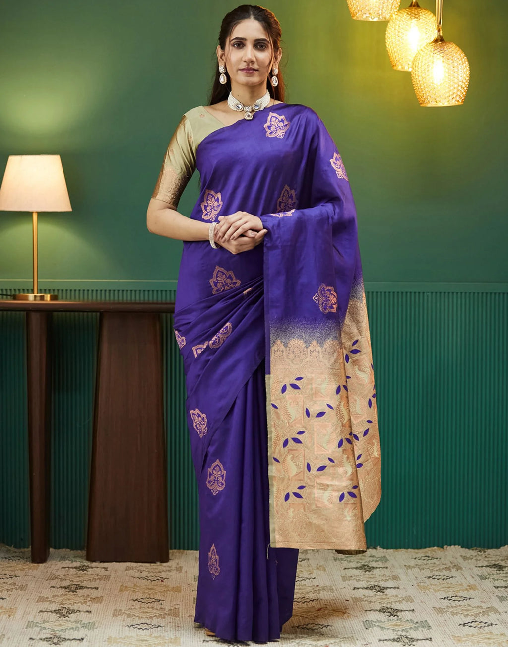 Royal Blue Silk Saree with Golden Zari Pallu & Floral Motifs