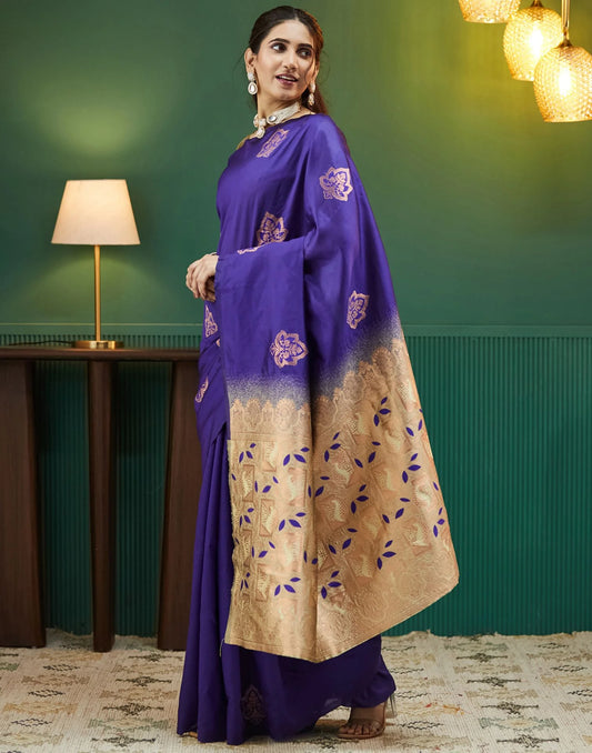 Royal Blue Silk Saree with Golden Zari Pallu & Floral Buttas