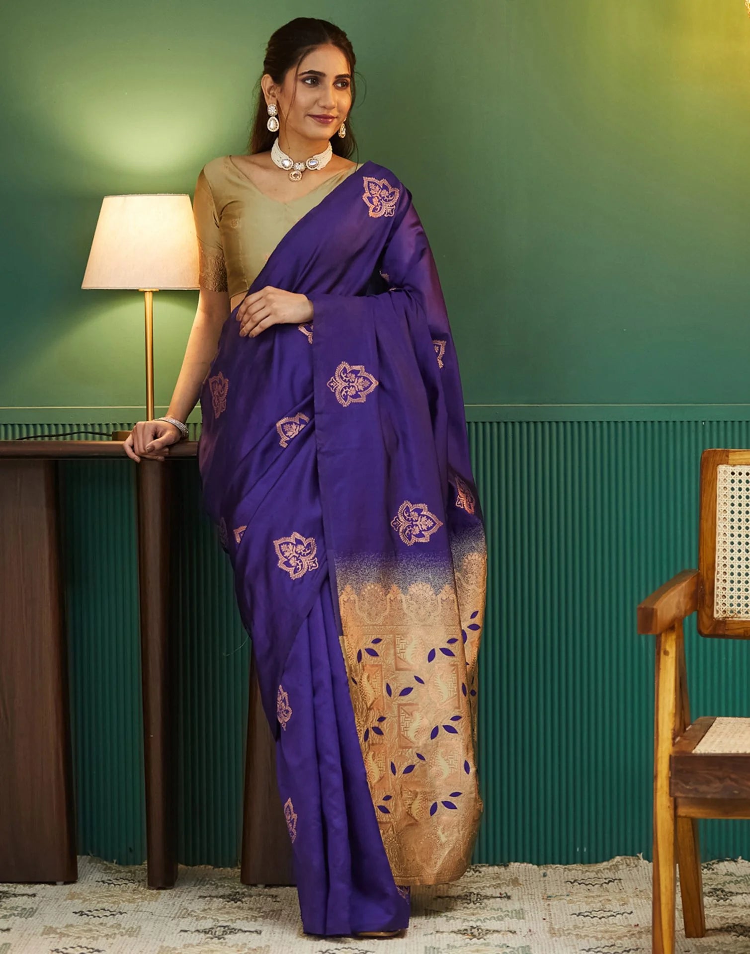 Royal Blue Silk Saree with Golden Zari Pallu & Floral Buttas