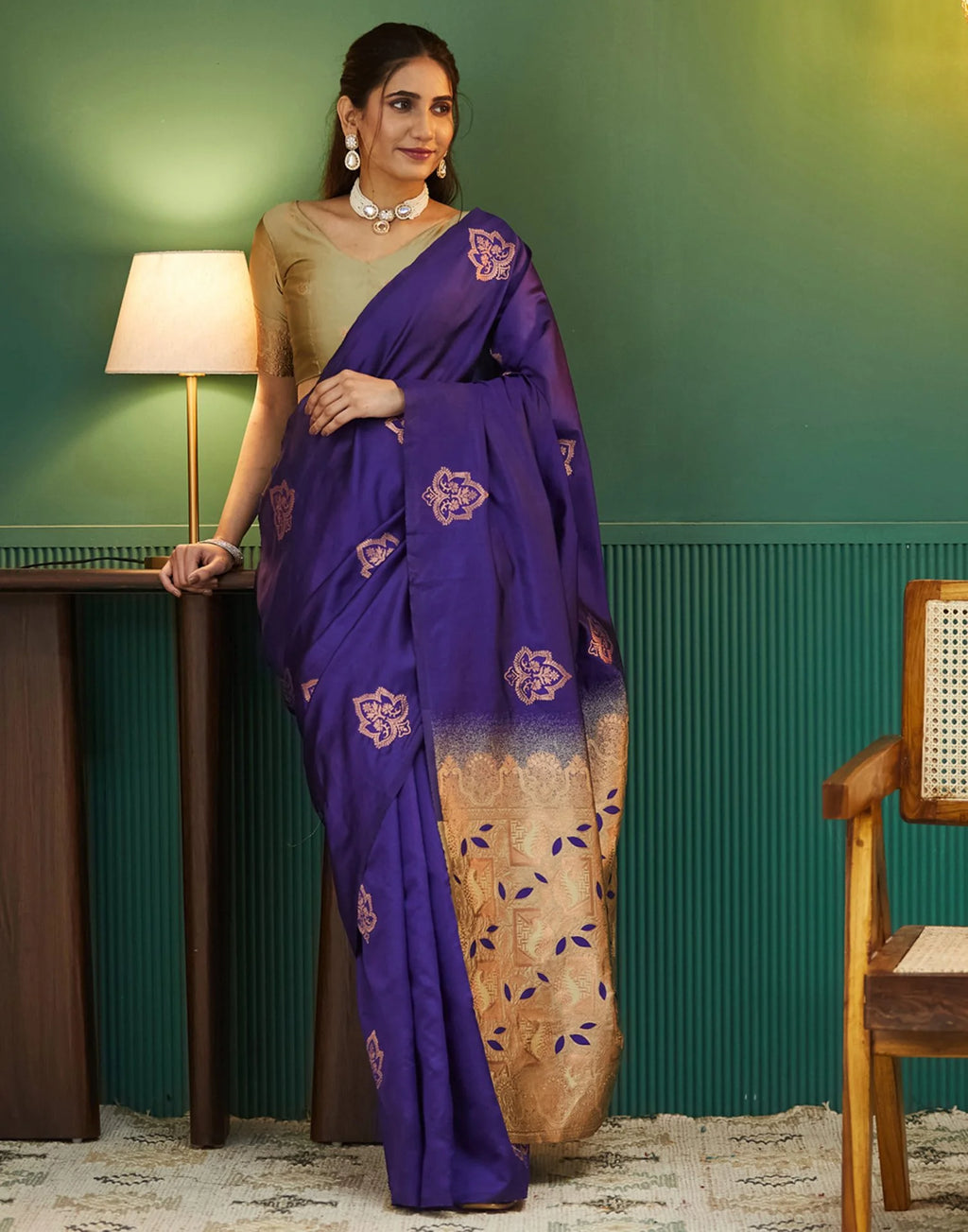 Royal Blue Silk Saree with Golden Zari Pallu & Floral Motifs