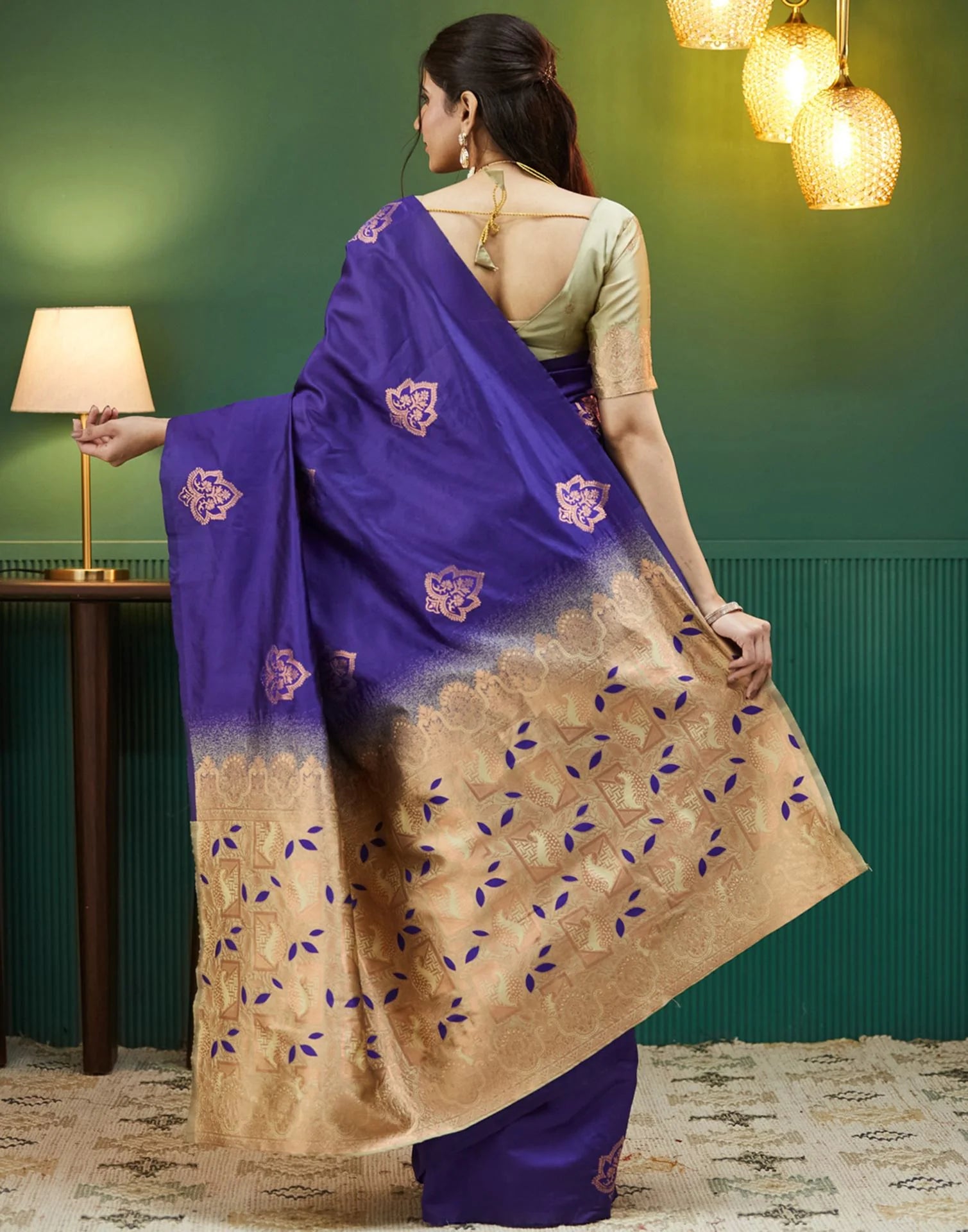 Royal Blue Silk Saree with Golden Zari Pallu & Floral Buttas