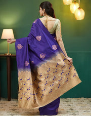 Royal Blue Silk Saree with Golden Zari Pallu & Floral Motifs