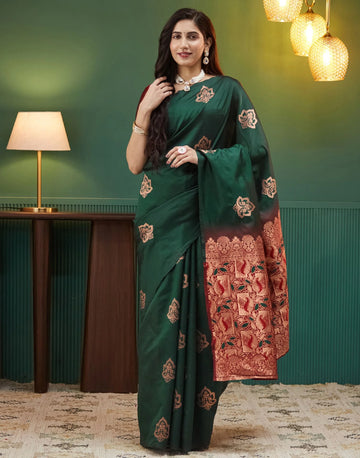 Emerald Green Silk Saree with Rich Maroon Zari Pallu & Floral Weaving