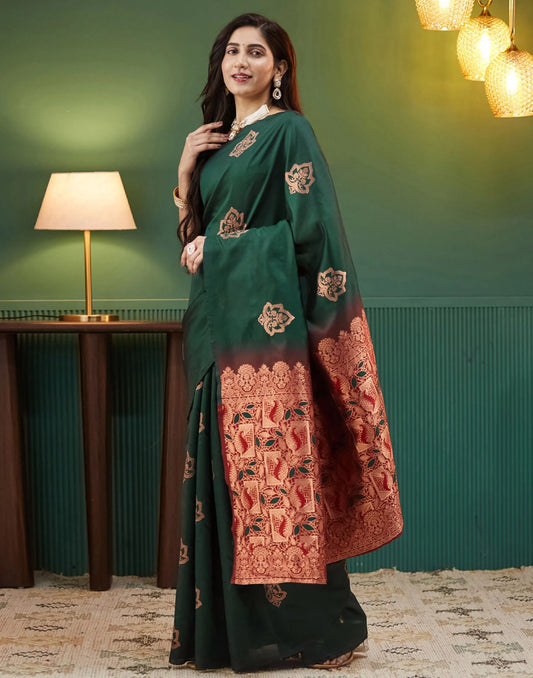 Emerald Green Silk Saree with Rich Maroon Zari Pallu & Floral Weaving