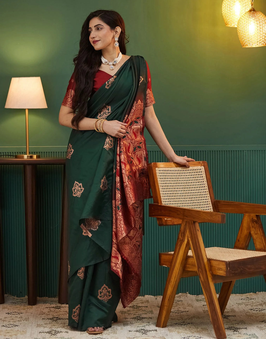 Emerald Green Silk Saree with Rich Maroon Zari Pallu & Floral Weaving