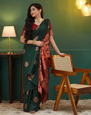 Emerald Green Silk Saree with Rich Maroon Zari Pallu & Floral Weaving