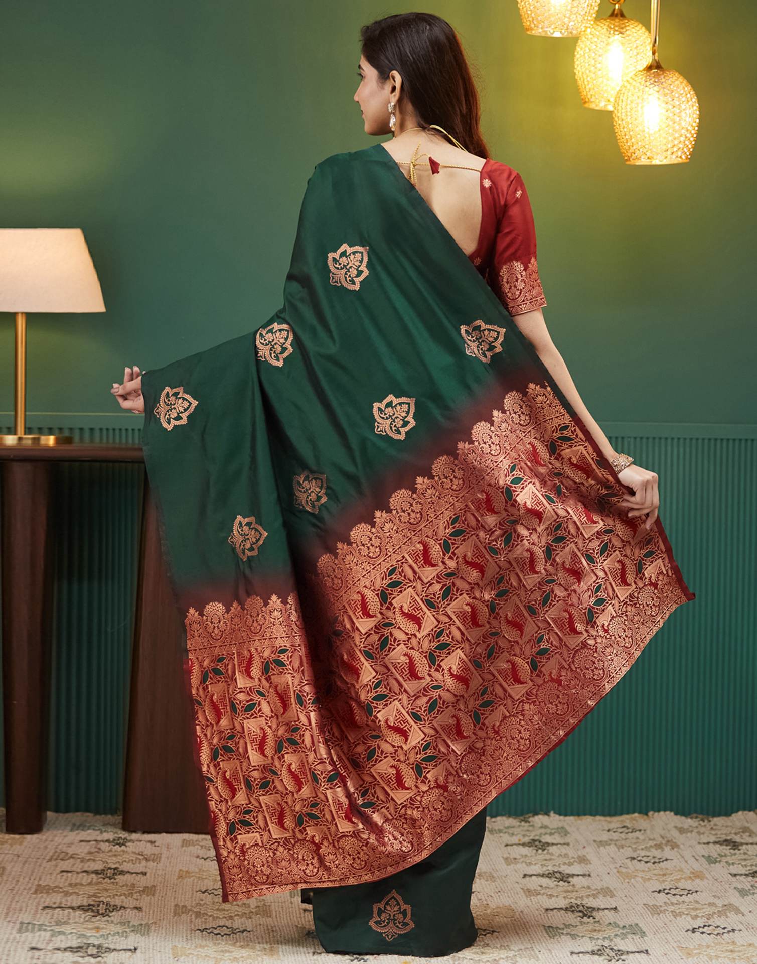 Emerald Green Silk Saree with Rich Maroon Zari Pallu & Floral Weaving