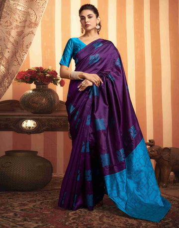 Majestic Purple & Blue Banarasi Silk Saree with Woven Floral Motifs
