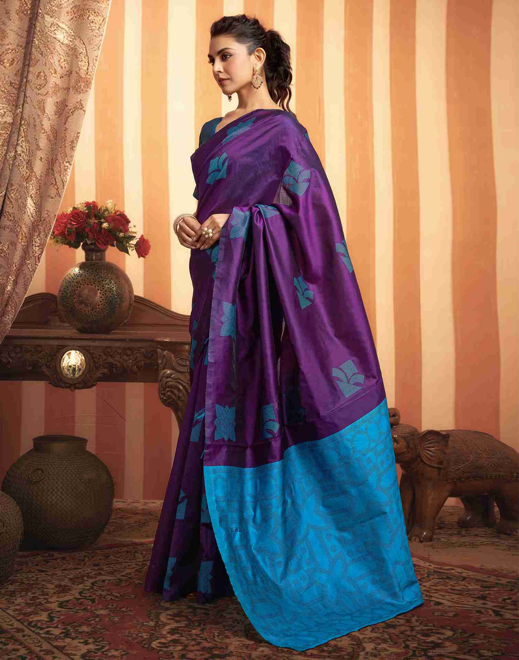Majestic Purple & Blue Banarasi Silk Saree with Woven Floral Motifs