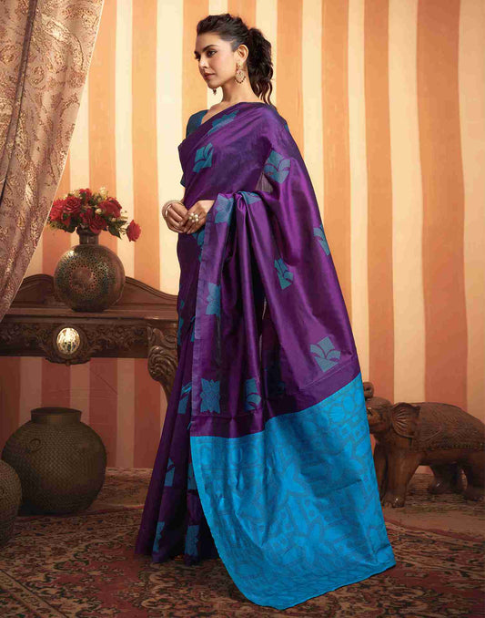 Majestic Purple & Blue Banarasi Silk Saree with Woven Floral Motifs