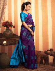 Majestic Purple & Blue Banarasi Silk Saree with Woven Floral Motifs