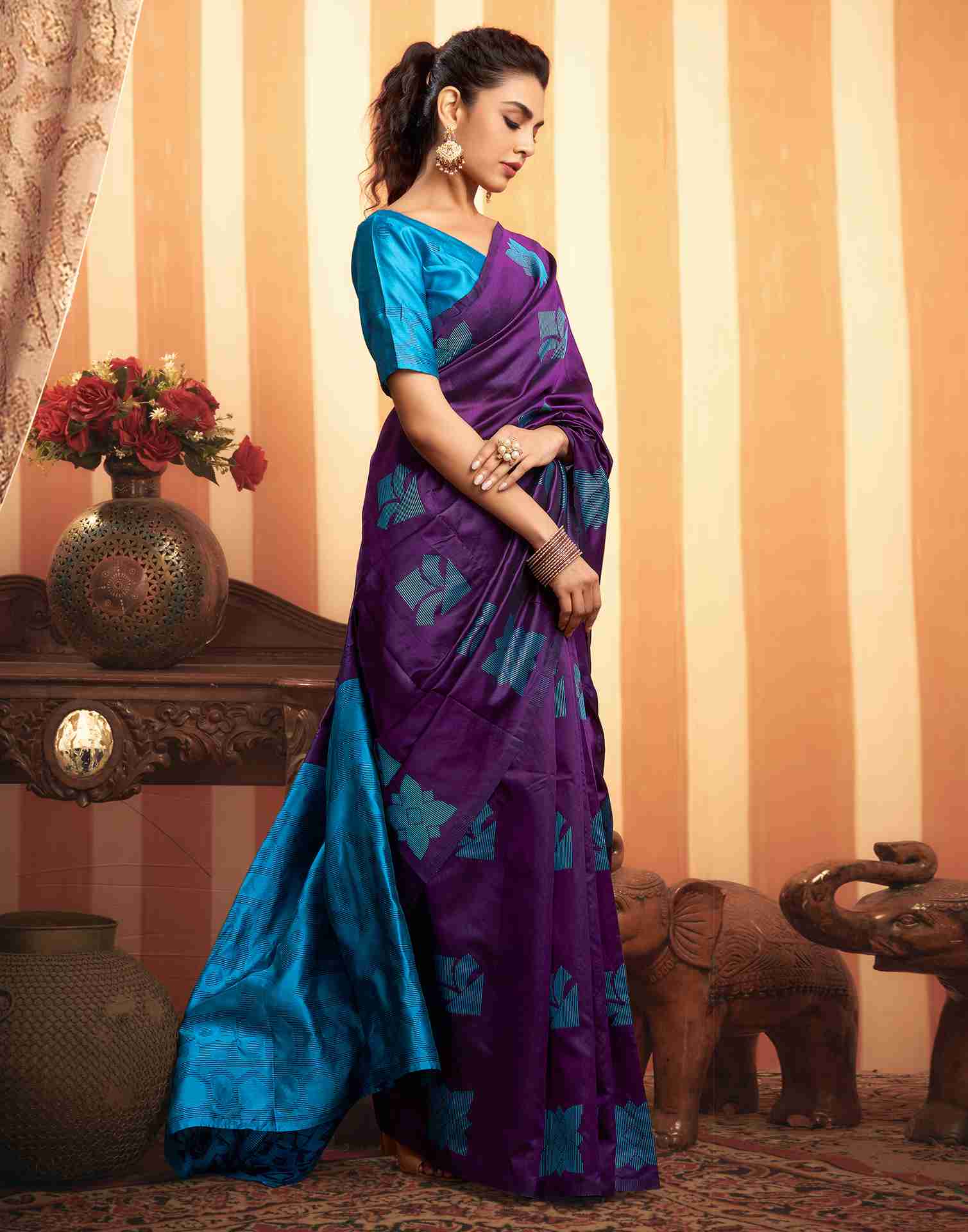 Majestic Purple & Blue Banarasi Silk Saree with Woven Floral Motifs