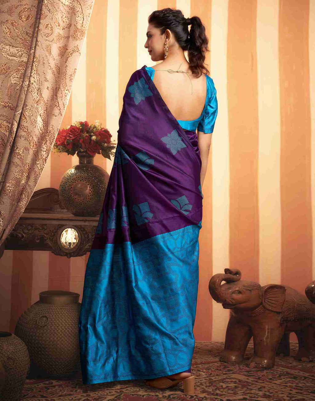 Majestic Purple & Blue Banarasi Silk Saree with Woven Floral Motifs