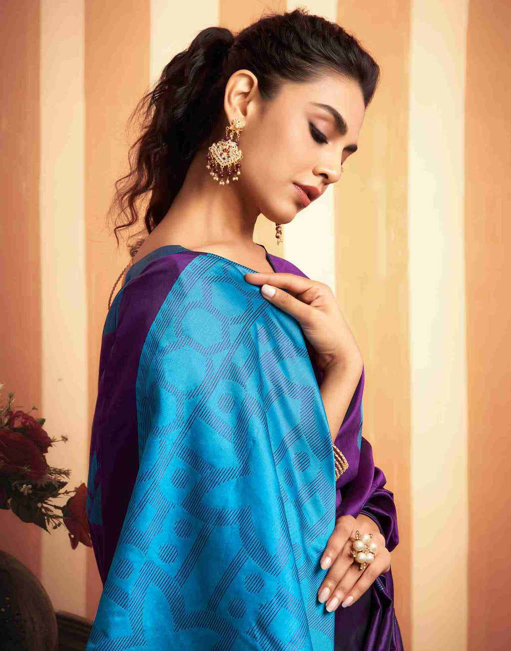 Majestic Purple & Blue Banarasi Silk Saree with Woven Floral Motifs