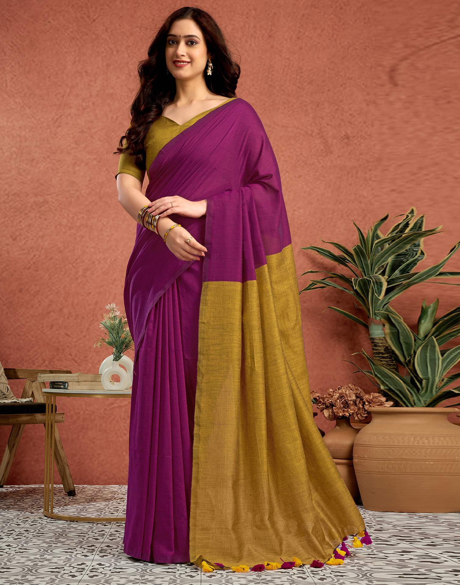 Graceful Magenta & Mustard Linen Silk Saree with Tassel Detailing