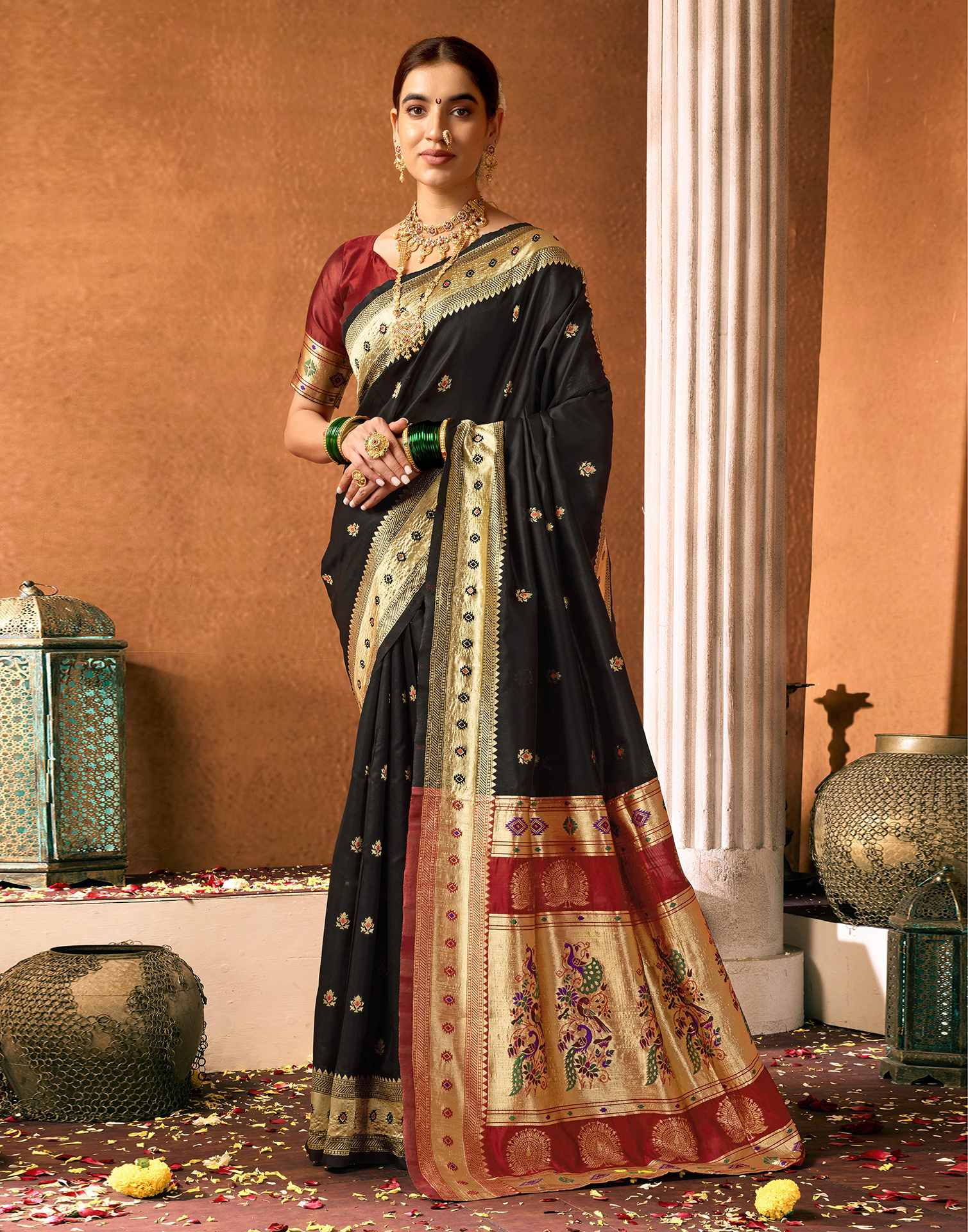Elegant Black Silk Saree with Rich Zari Border & Maroon Pallu