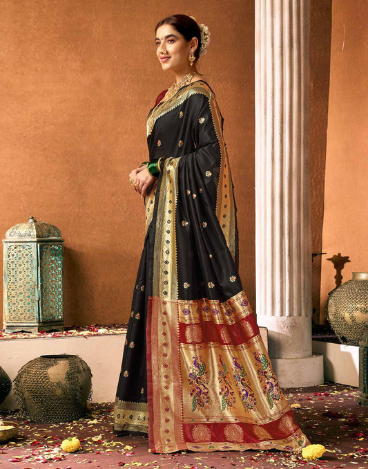 Elegant Black Silk Saree with Rich Zari Border & Maroon Pallu