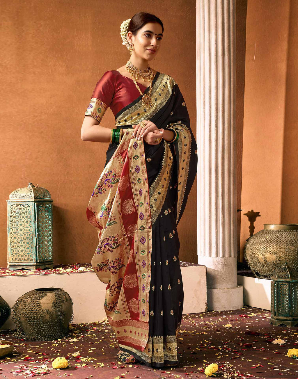 Elegant Black Silk Saree with Rich Zari Border & Maroon Pallu