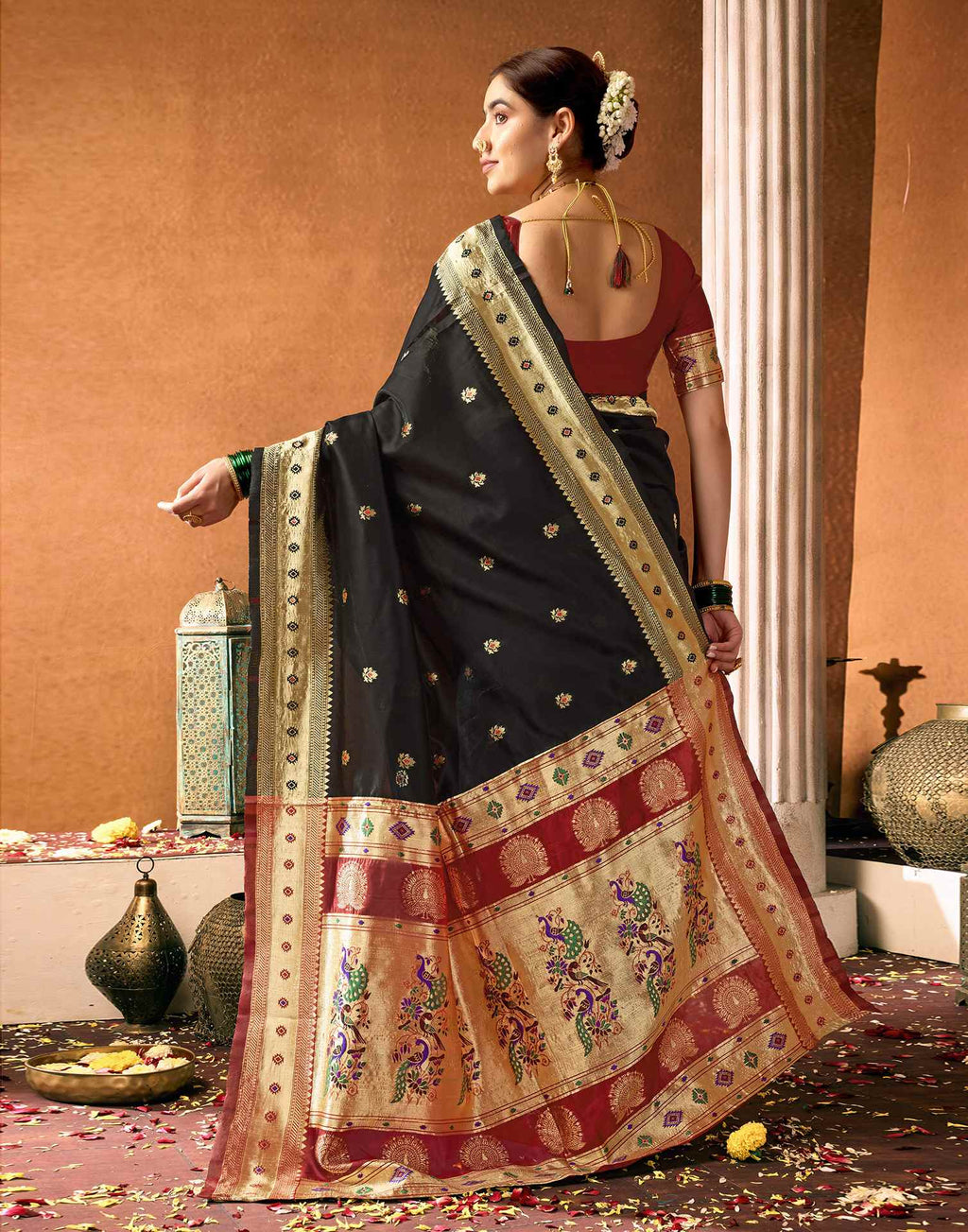Elegant Black Silk Saree with Rich Zari Border & Maroon Pallu