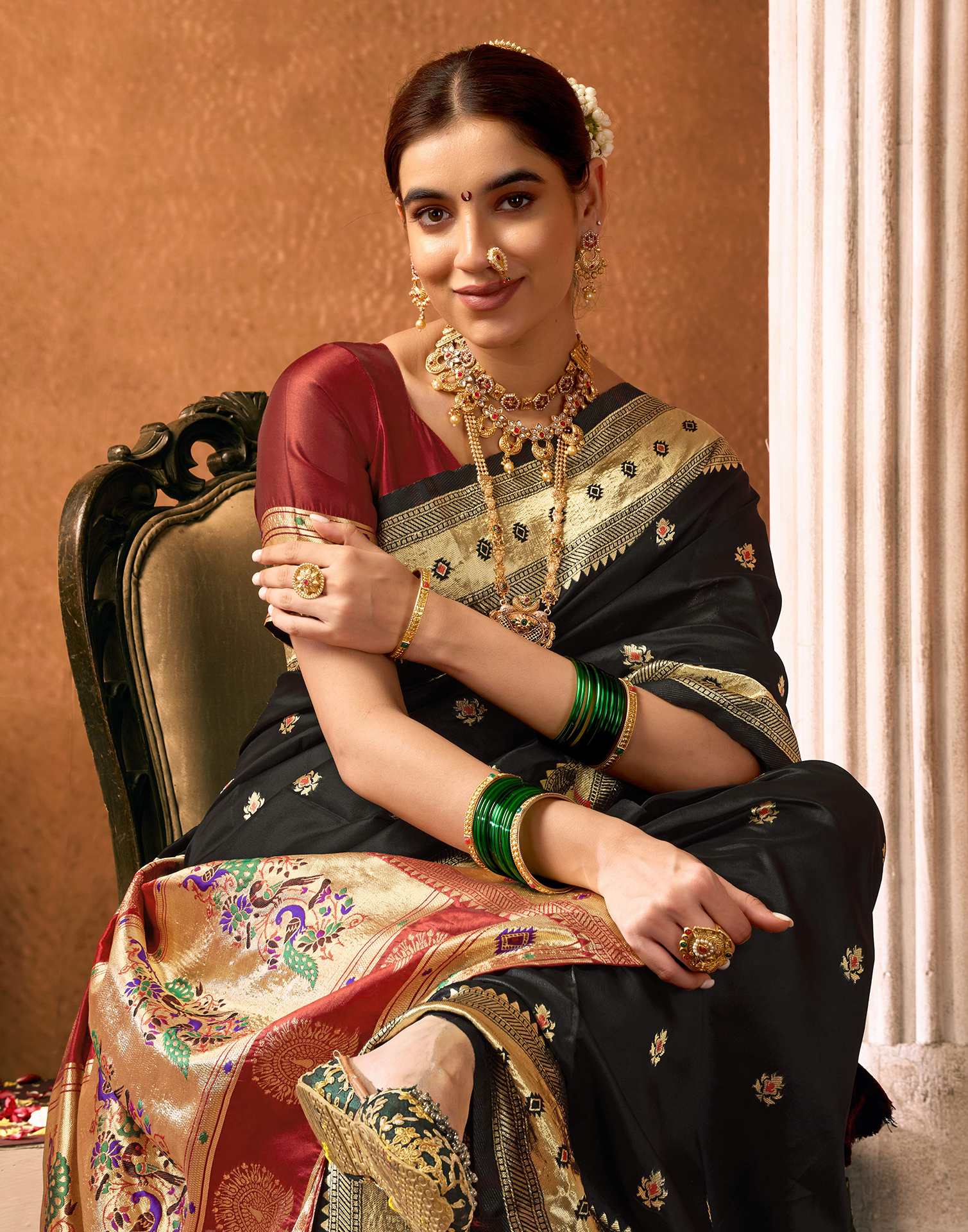 Elegant Black Silk Saree with Rich Zari Border & Maroon Pallu