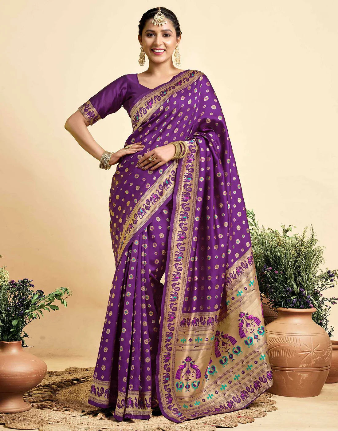 Royal Purple Banarasi Silk Saree with Elephant & Floral Zari Border