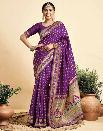 Royal Purple Banarasi Silk Saree with Elephant & Floral Zari Border