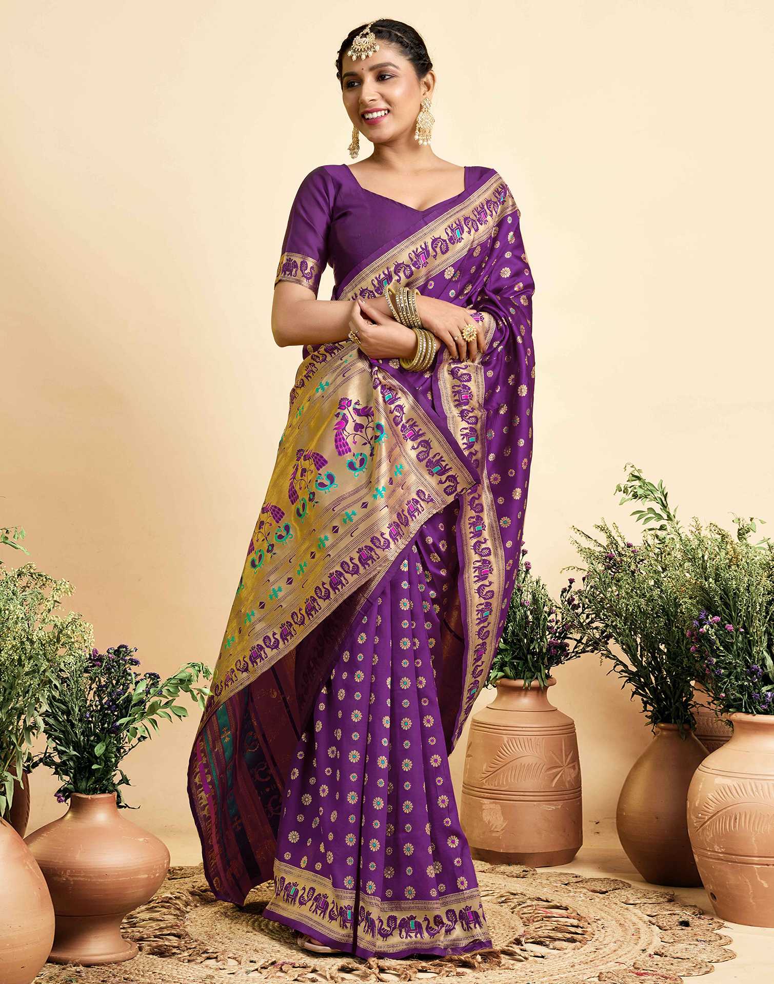 Royal Purple Banarasi Silk Saree with Elephant & Floral Zari Border