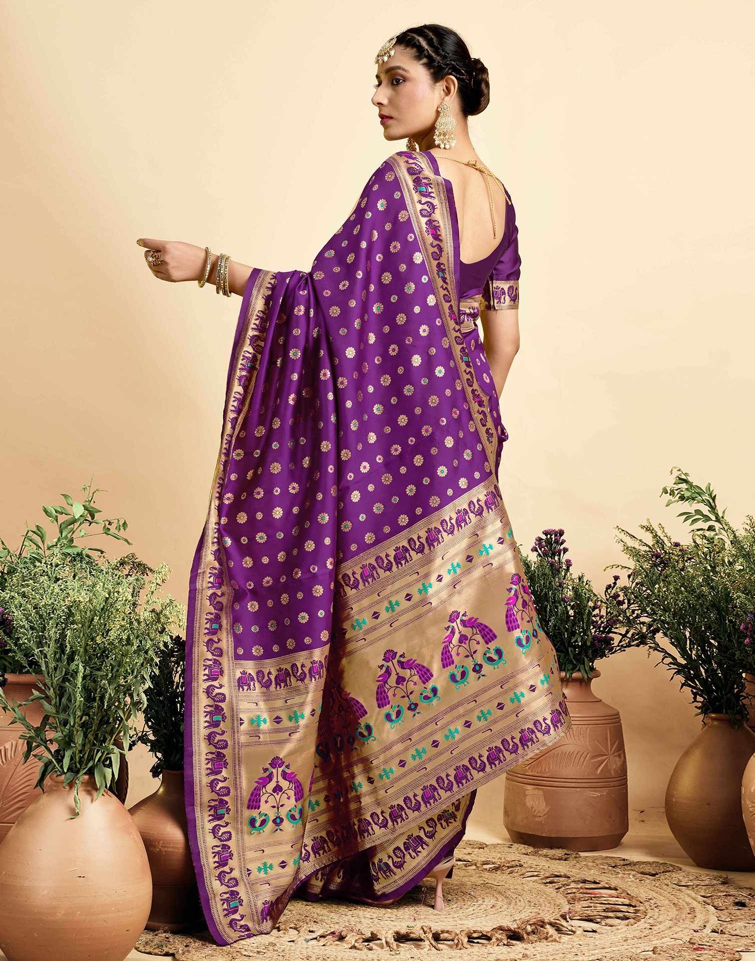 Royal Purple Banarasi Silk Saree with Elephant & Floral Zari Border