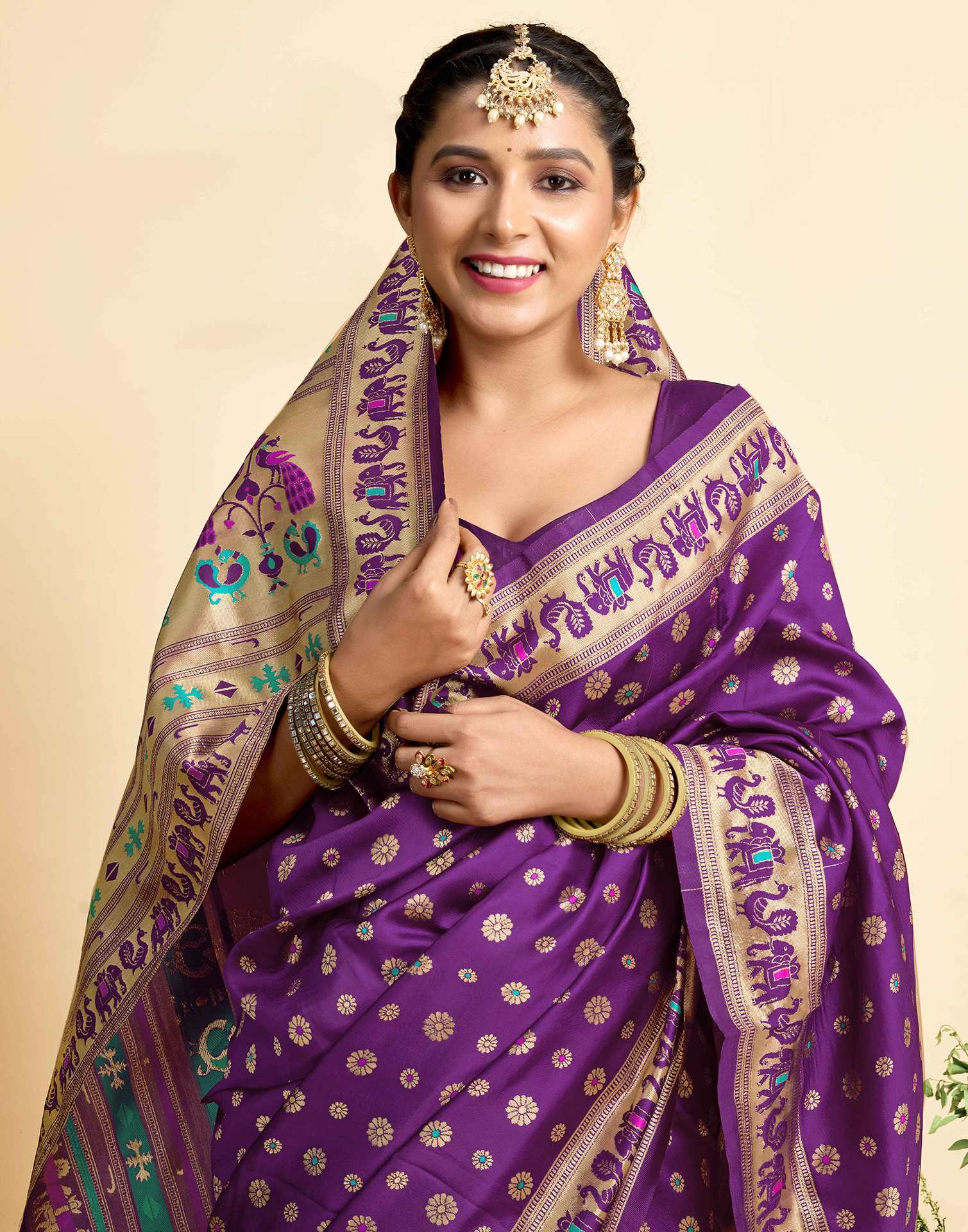 Royal Purple Banarasi Silk Saree with Elephant & Floral Zari Border