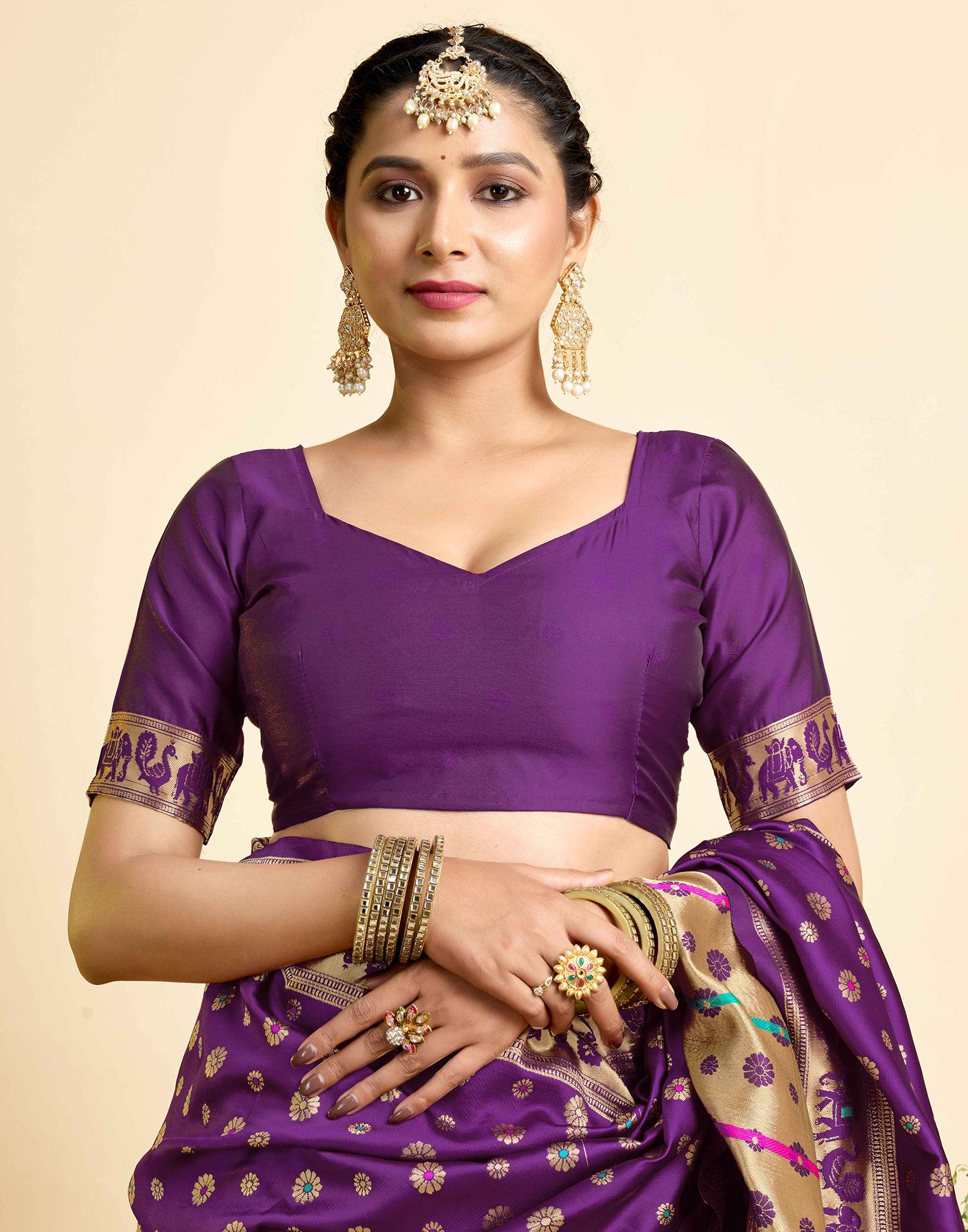 Royal Purple Banarasi Silk Saree with Elephant & Floral Zari Border