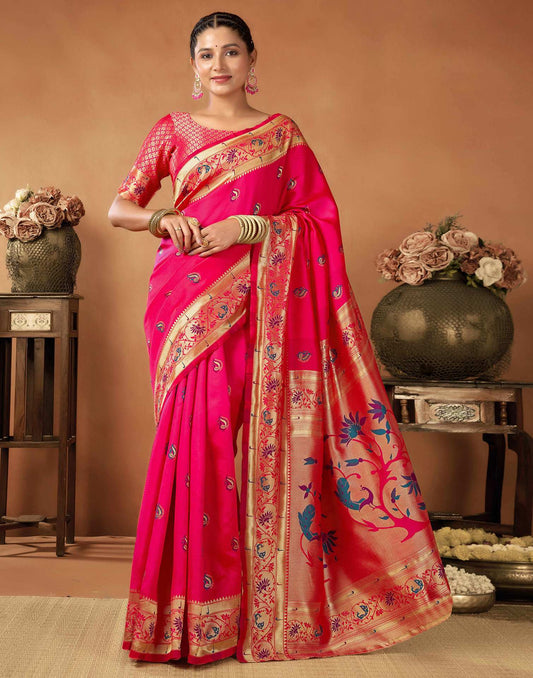Radiant Pink Silk Saree with Golden Zari Border & Floral Pallu