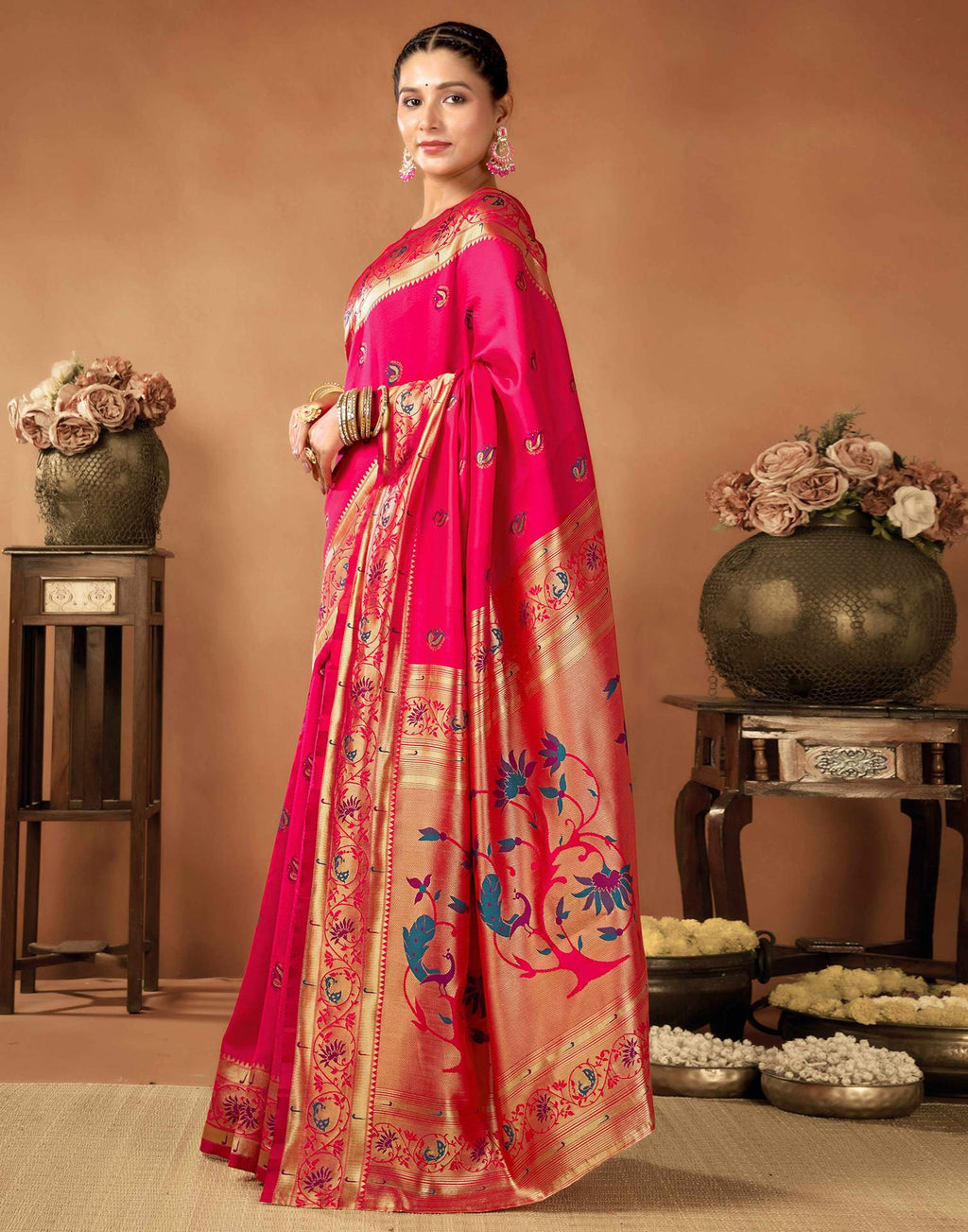 Radiant Pink Silk Saree with Golden Zari Border & Floral Pallu
