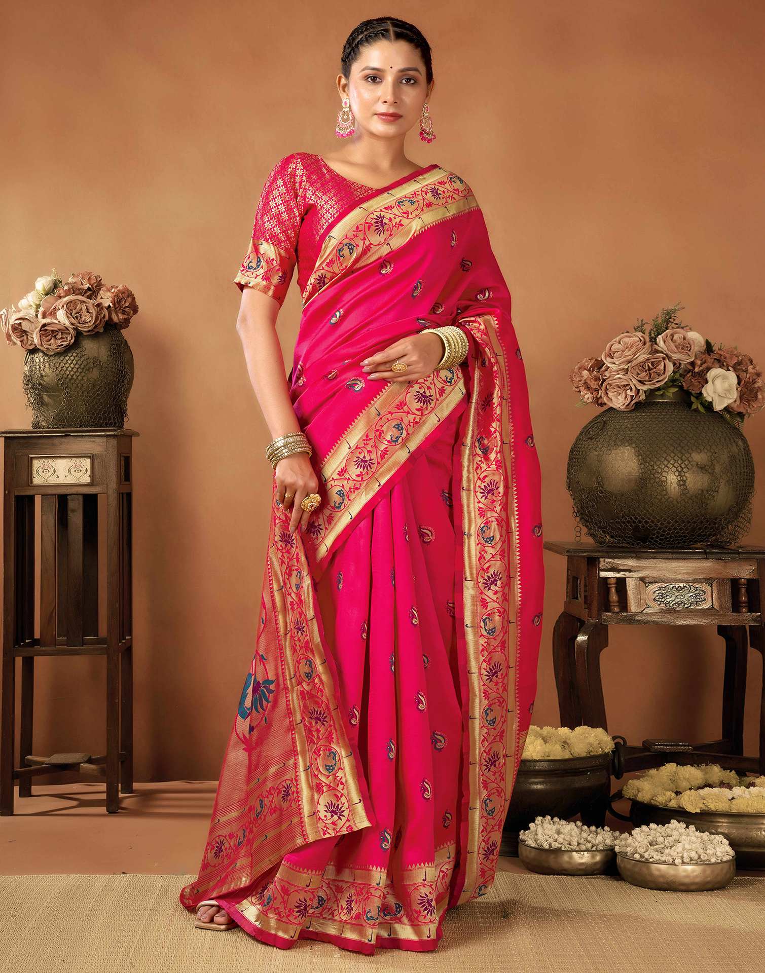 Radiant Pink Silk Saree with Golden Zari Border & Floral Pallu