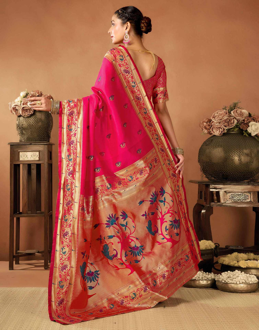 Radiant Pink Silk Saree with Golden Zari Border & Floral Pallu
