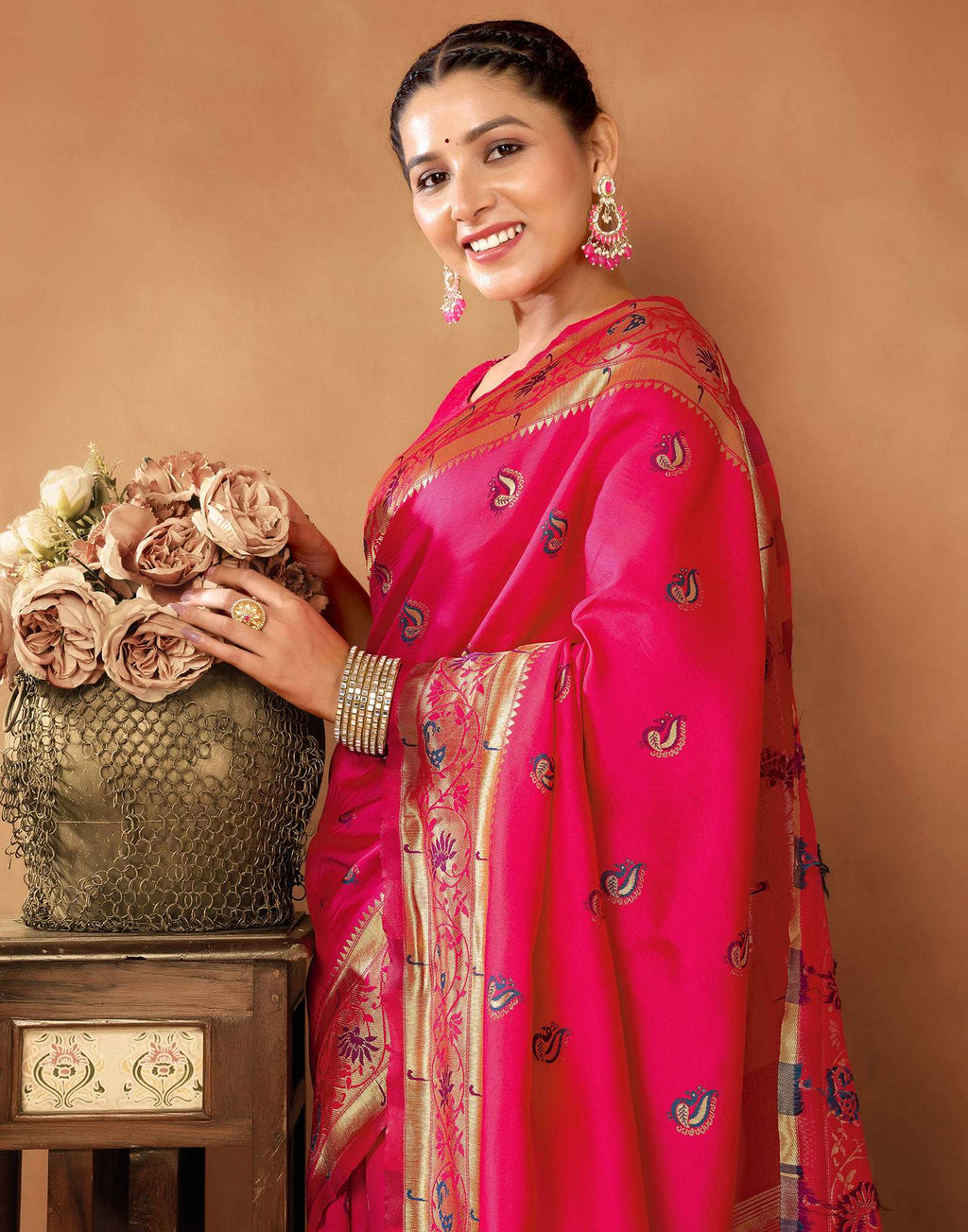 Radiant Pink Silk Saree with Golden Zari Border & Floral Pallu