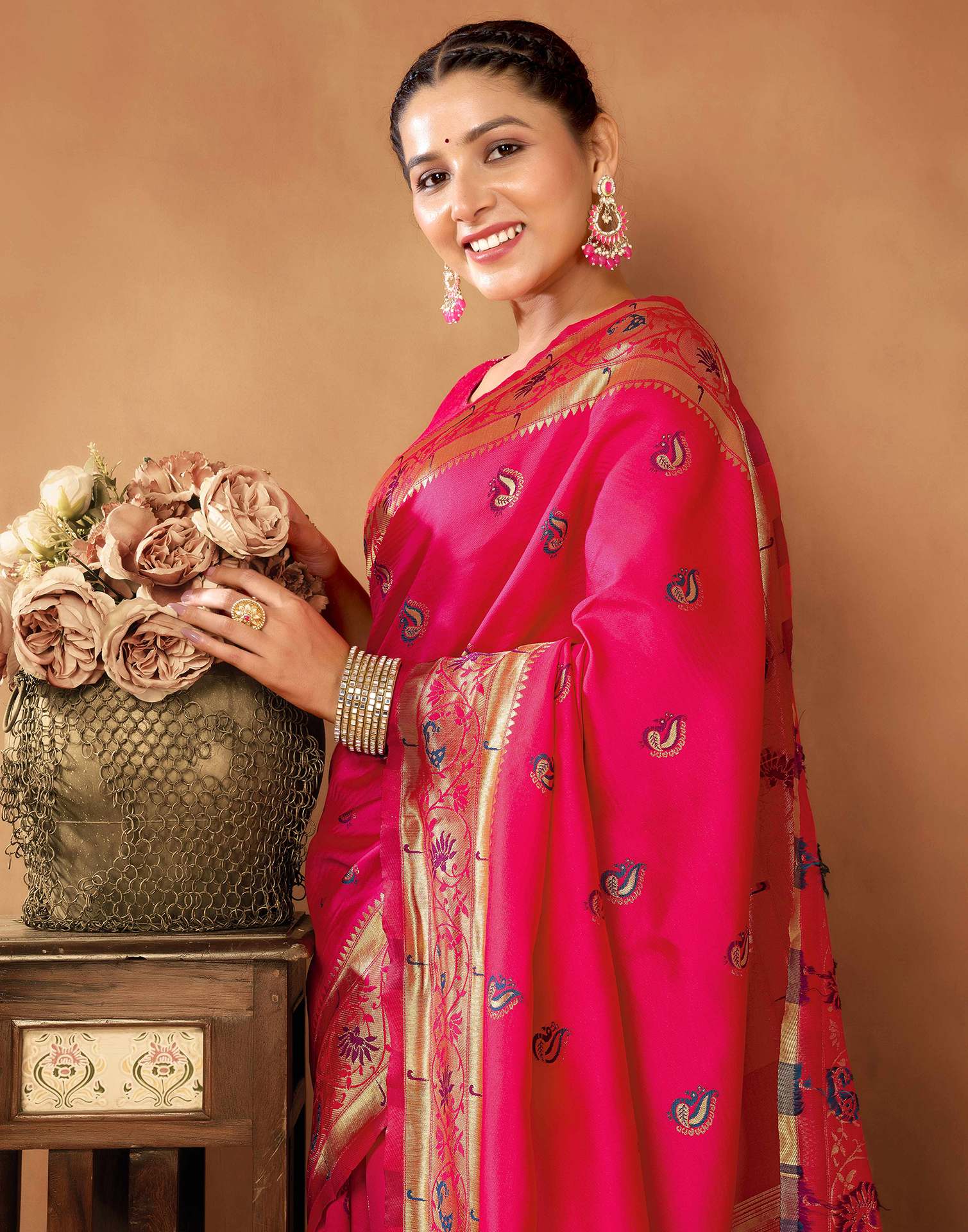 Radiant Pink Silk Saree with Golden Zari Border & Floral Pallu