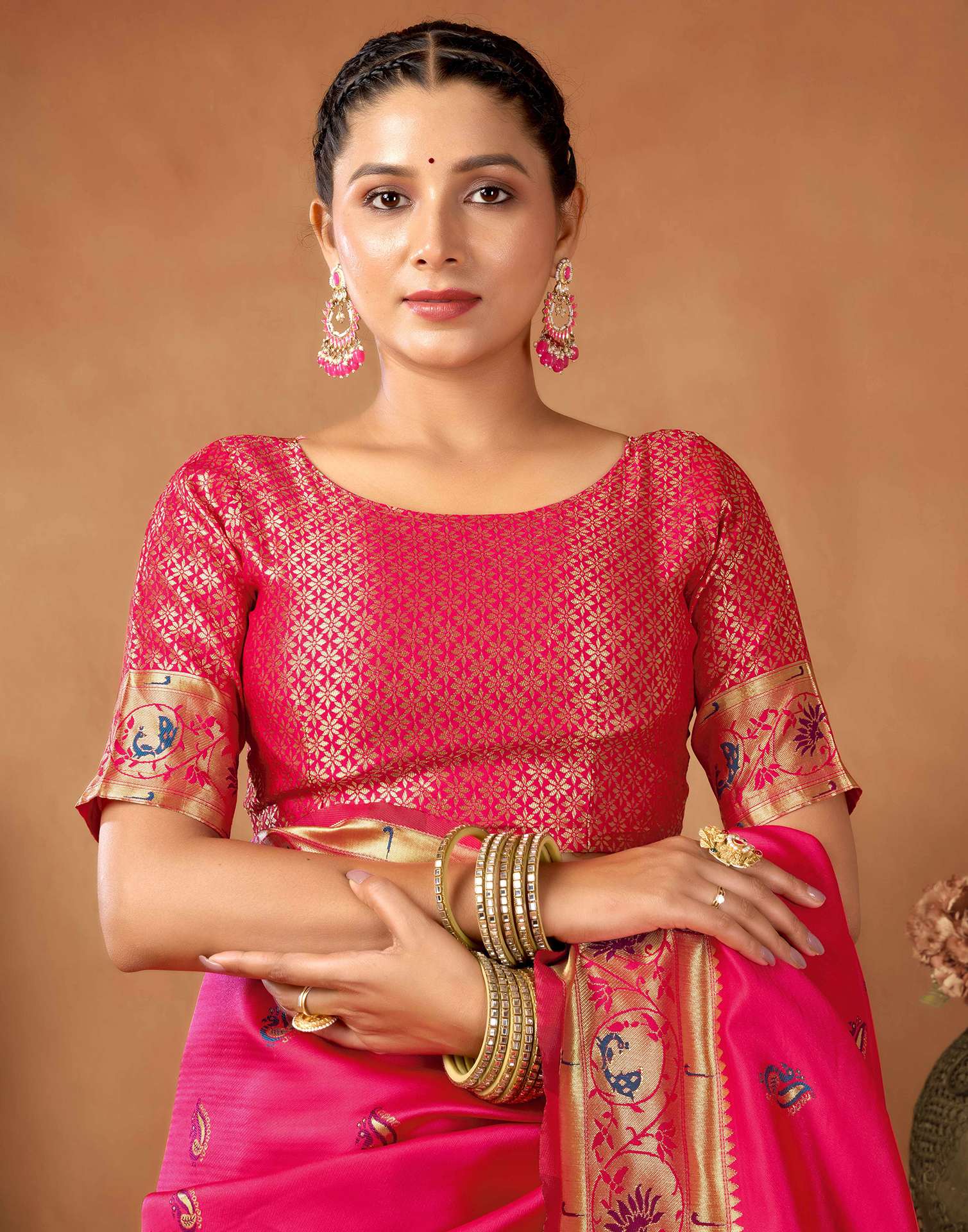 Radiant Pink Silk Saree with Golden Zari Border & Floral Pallu