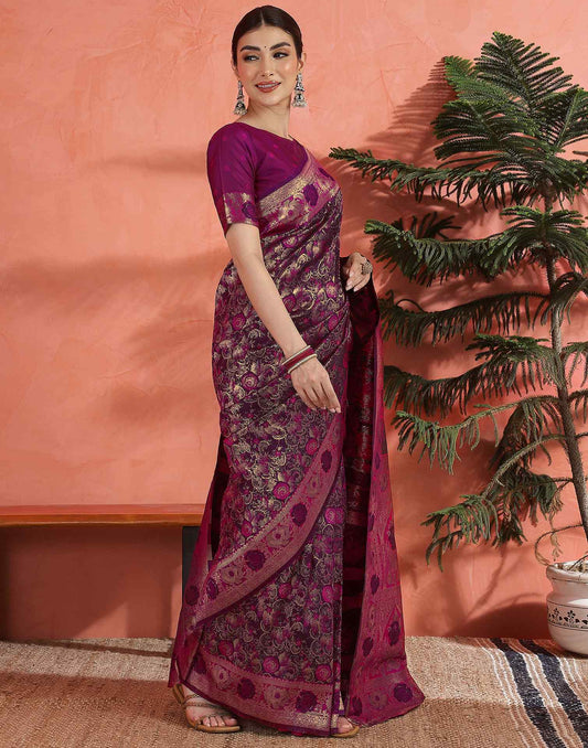 Royal Magenta Banarasi Silk Saree with Golden Zari Weaving